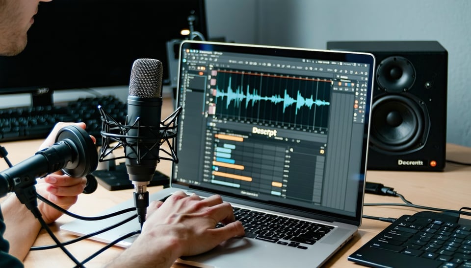 A podcaster using Descript on a laptop, surrounded